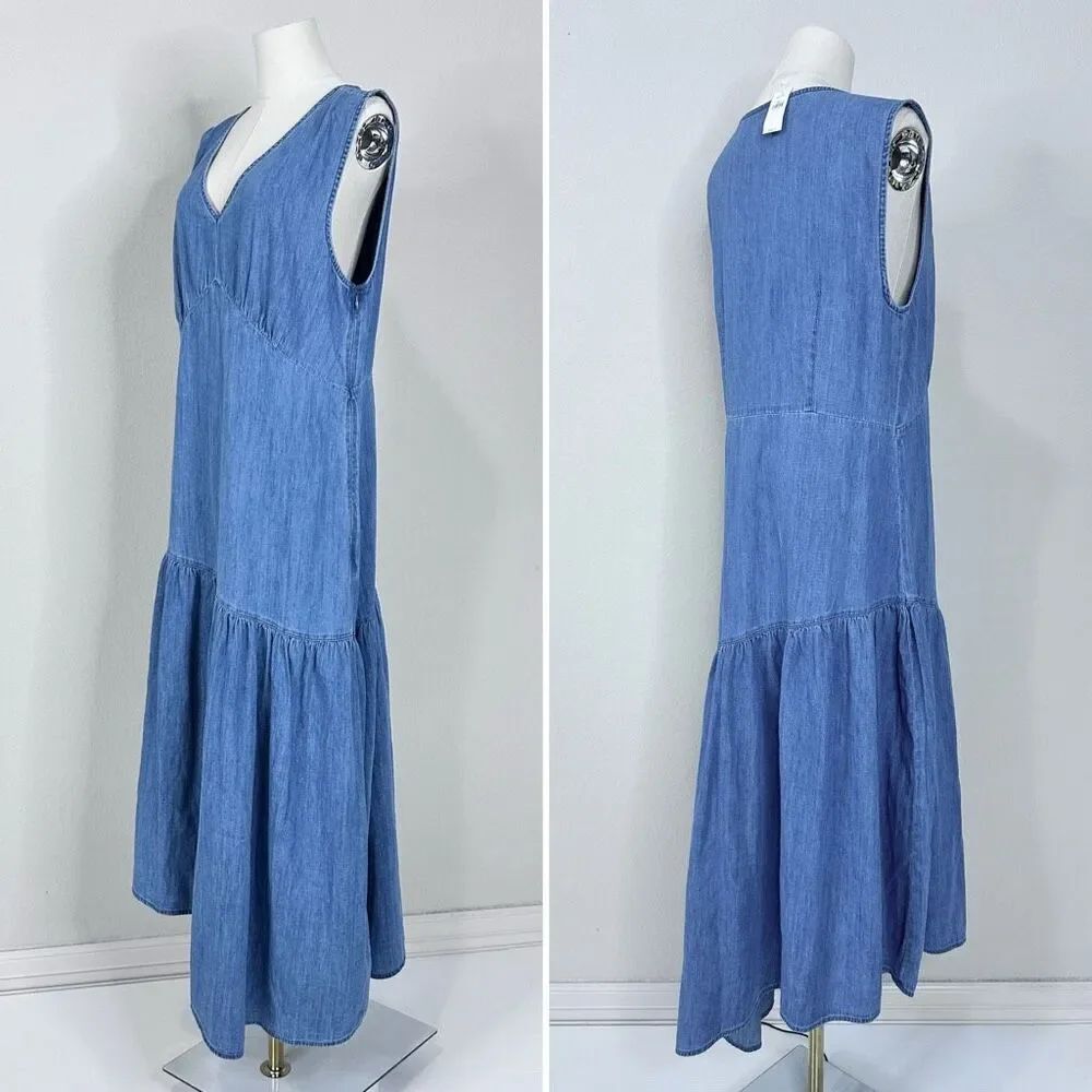 GAP NWT Chambray Denim Asymmetrical Midi Dress V-Neck Blue L Coastal Prairie - Picture 14 of 16